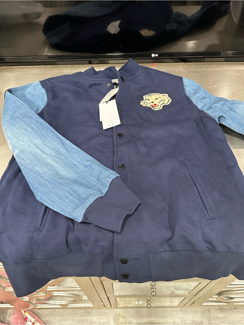 Hudson Jeans Navy Bomber Jacket with Light Blue Sleeves